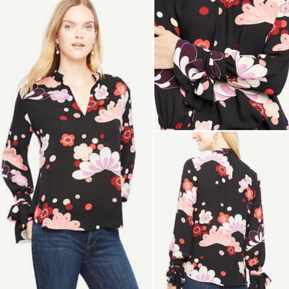 Ann Taylor Bow Cuff Black Blouse with Multicolor Floral Pattern. Size S - Picture 4 of 11